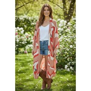 NWT Roark Women's Kimono VTG Red Crane Print Open Front Long Duster Festival S/M